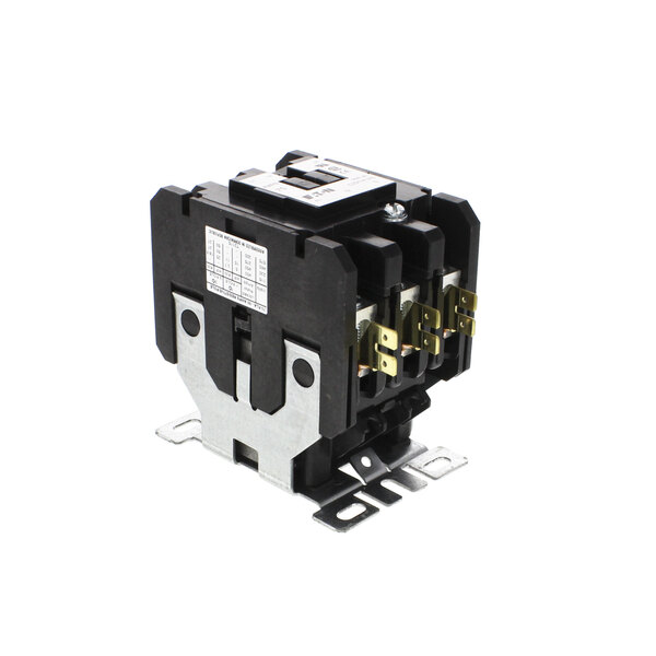 A black and silver Champion contactor with two wires.