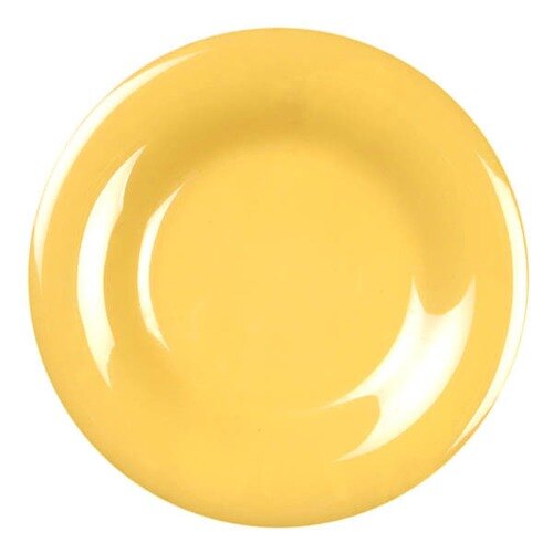 A close-up of a yellow plate with a wide rim.