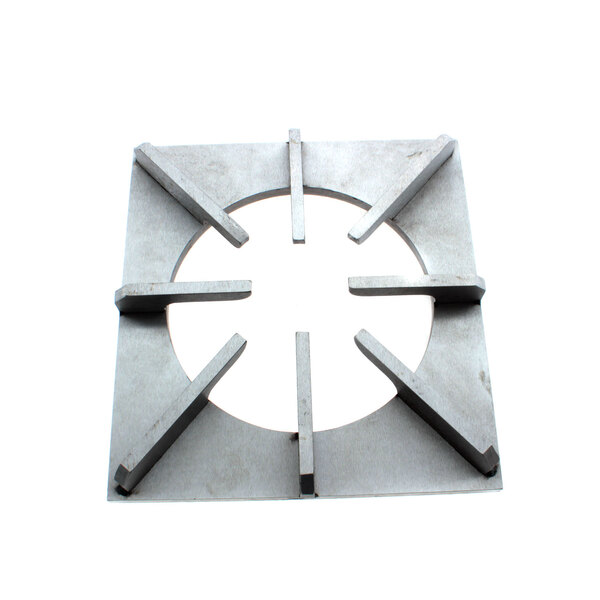 A metal square with a cross in the middle and four holes in the corners.