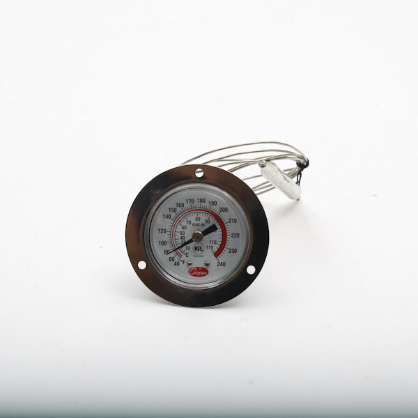 An Atlas Metal Industries Inc thermometer with a round gauge and wires.