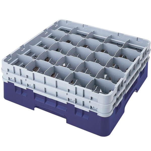 A navy blue plastic container with 25 compartments and 5 extenders.