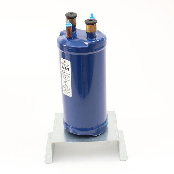 A blue cylinder with a white label on a metal stand.