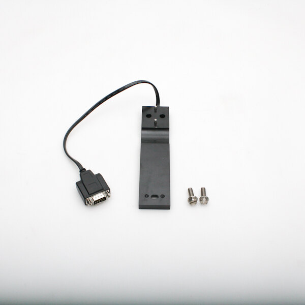 A black rectangular device with a black cable and a small connector with screws.