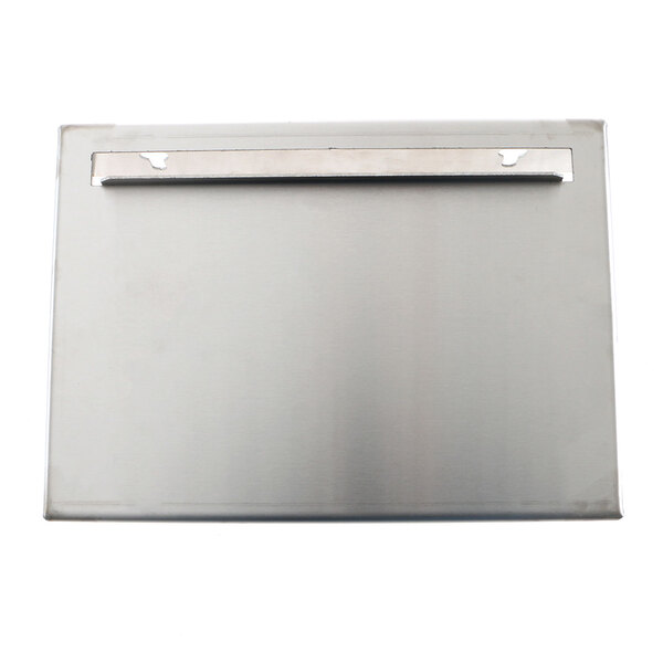 A silver rectangular metal tray with a metal strip.