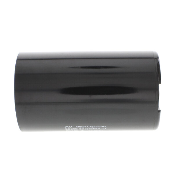 A black cylinder with a white label and white text.