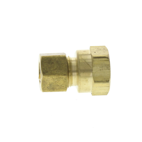 A close-up of a brass threaded female connector.