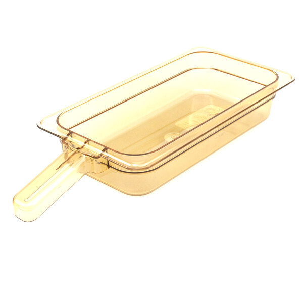 A yellow plastic pan with a handle.