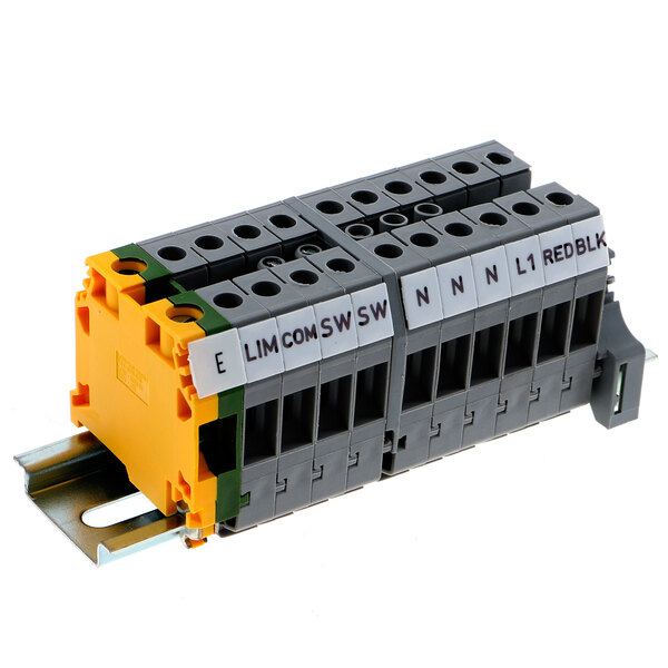 A close-up of a grey and yellow US Range terminal block with 10 lugs.