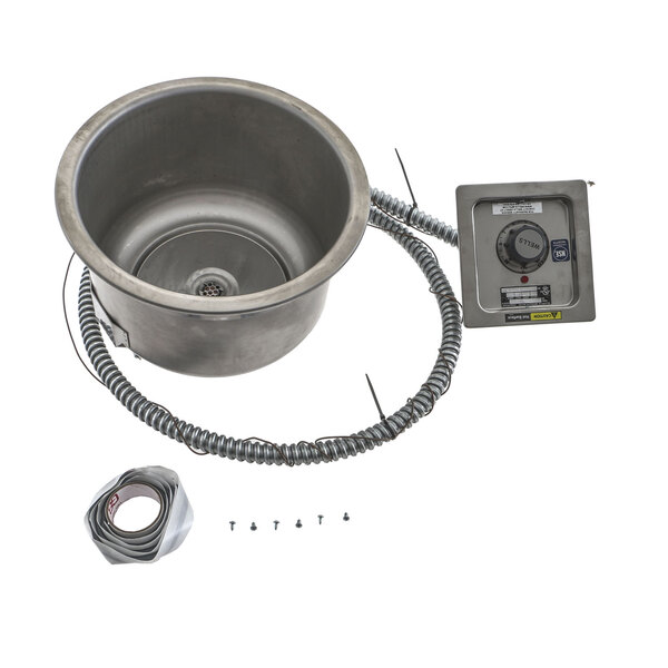 A Wells drop-in hot food well with a stainless steel bowl and lid.