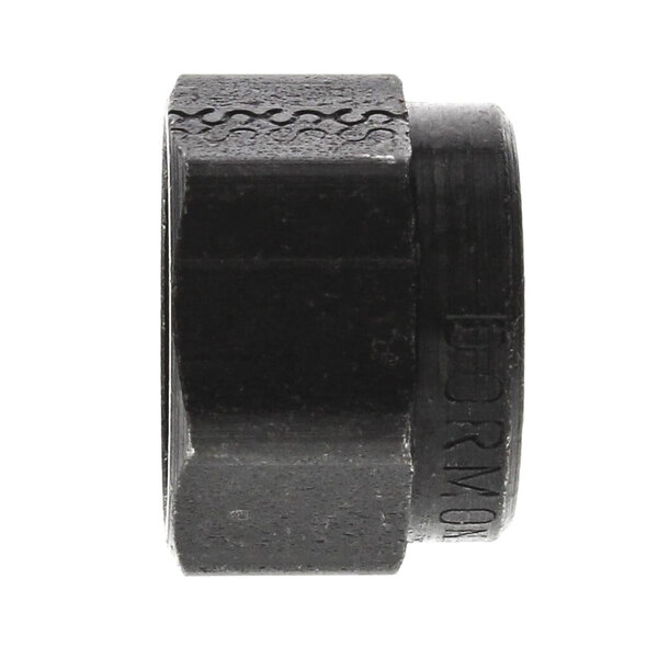 A black threaded end cap with a pattern on it.