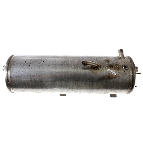 A large metal Champion Booster Tank with a pipe and a handle.