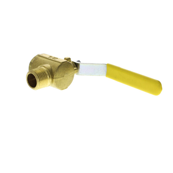 A close-up of a Duke yellow ball valve with a yellow handle.