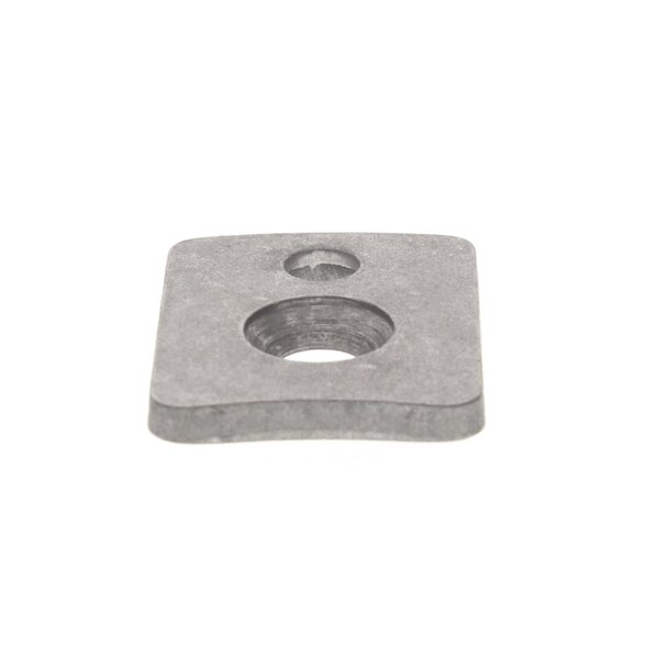 A square metal Robot Coupe motor mounting plate with a hole in it.