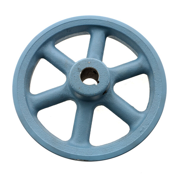 A blue metal pulley wheel with a hole in the center.