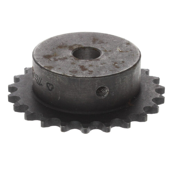 A black metal Marshall Air sprocket with holes in it.