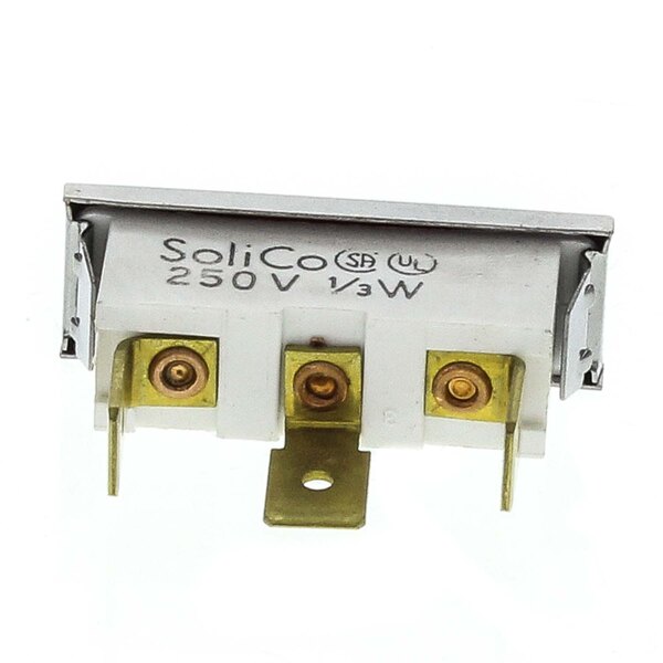 A close-up of a white rectangular Montague signal light with gold screws.