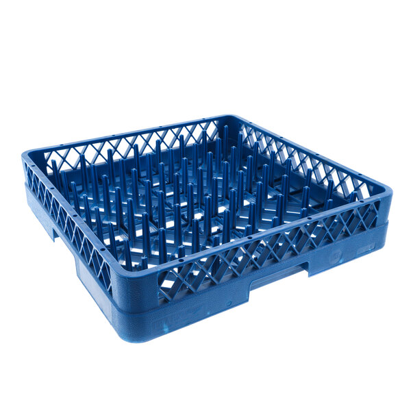 A blue plastic dish rack with spikes and holes.