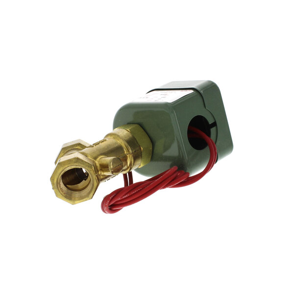 A green and gold Southbend drain solenoid with red wires.