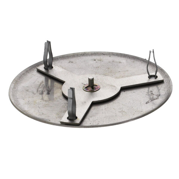 A metal circular object with two metal hooks and a screw.