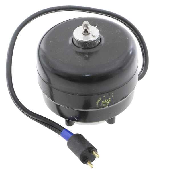 A black round electric motor with a wire.