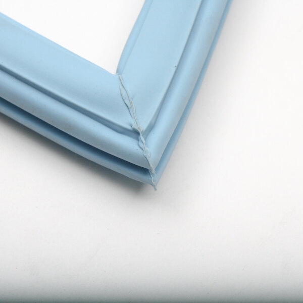 A blue plastic frame with a blue gasket in a corner.