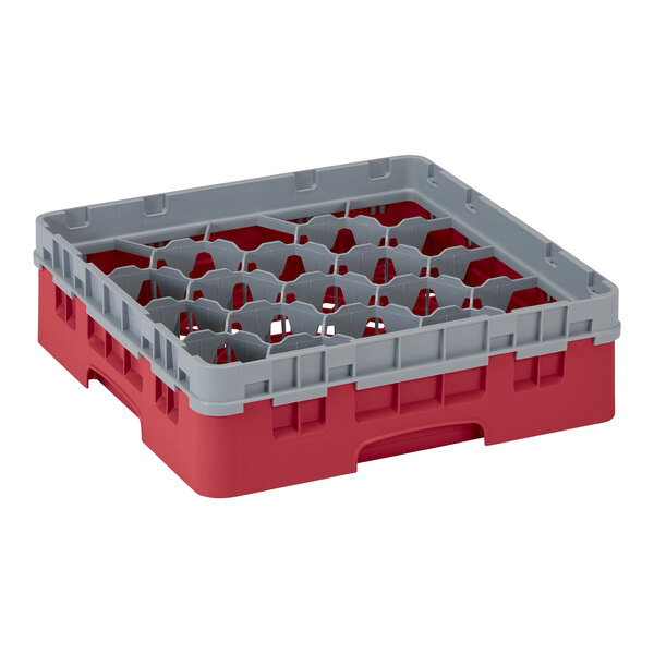 A red and grey Cambro glass rack with 20 compartments and 1 extender.