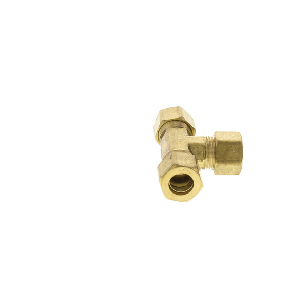 A gold colored brass Duke tee compression fitting.