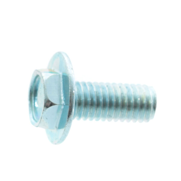 A close-up of a screw with a nut.
