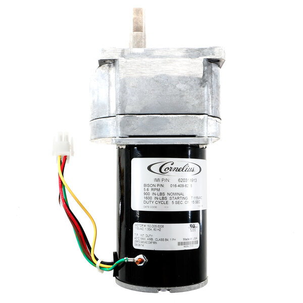 A black Cornelius agitator motor with wires and a wire harness.