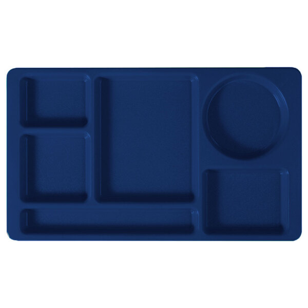 A navy blue rectangular tray with 6 circles.