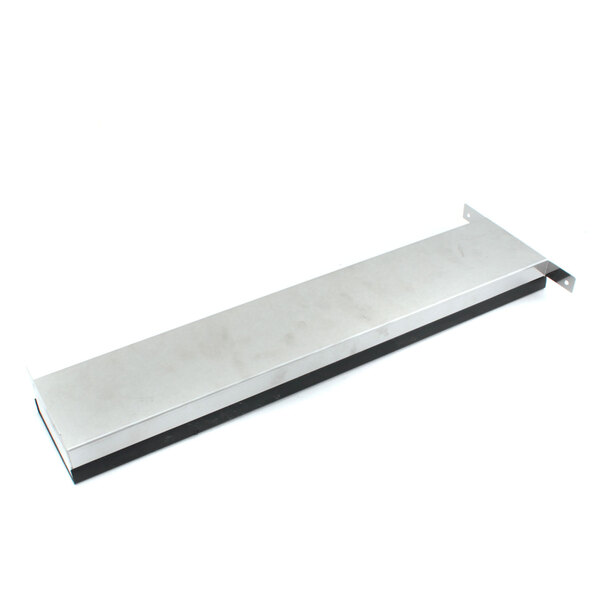 A silver rectangular metal shelf with black trim.