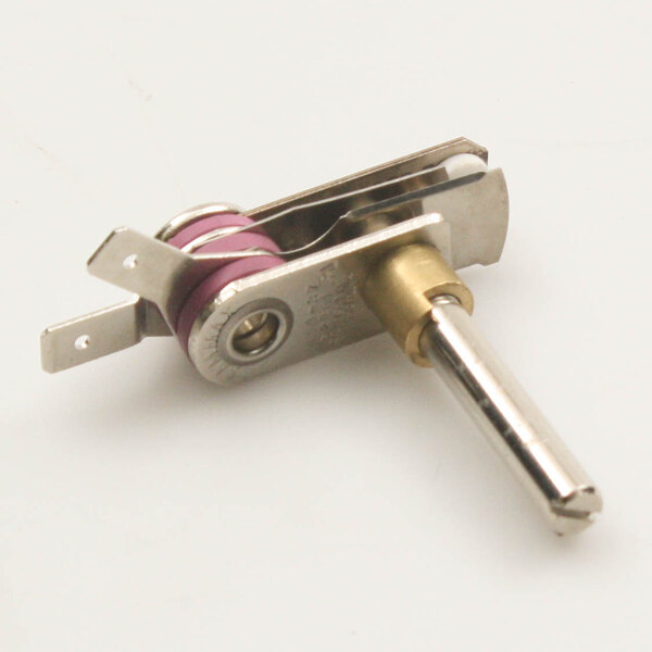 A close-up of a metal switch with a silver knob.