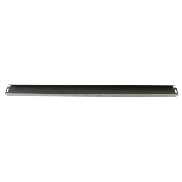 A black metal long rectangular shelf close off.
