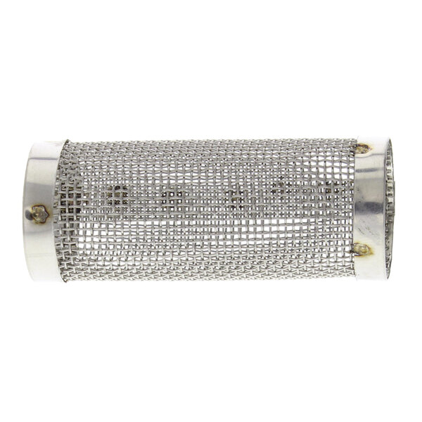 A Blakeslee stainless steel mesh filter with a metal ring and a hole in the middle.
