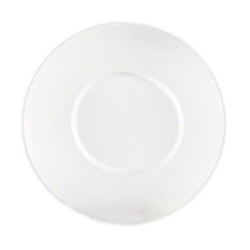 A white porcelain plate with a wide white rim.