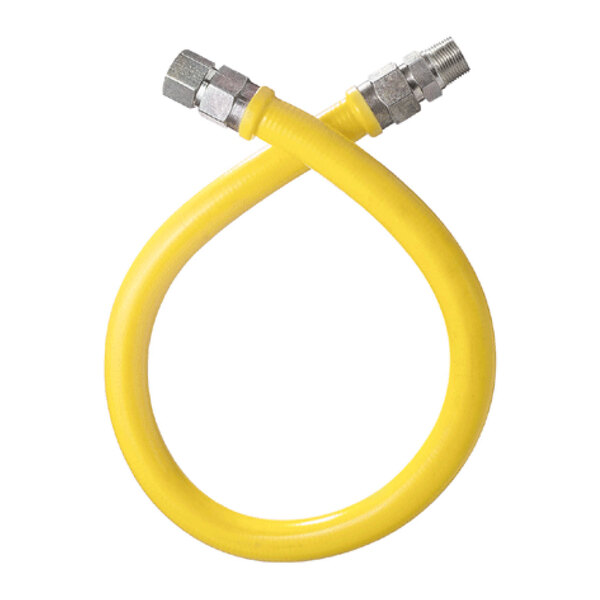 A yellow flexible hose with metal connectors.