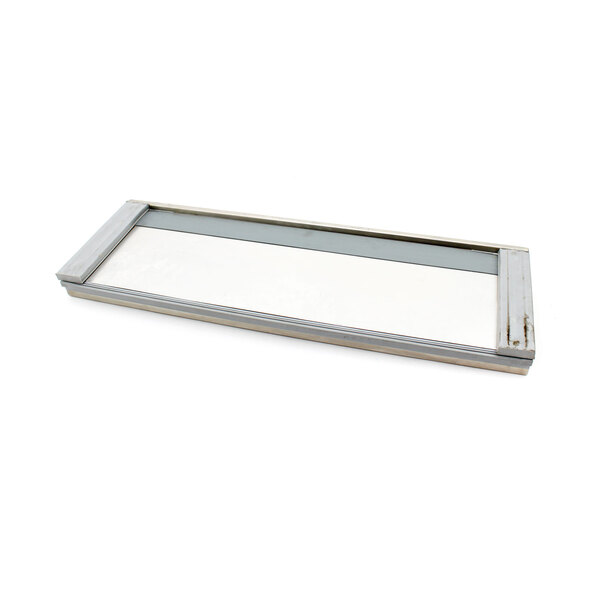 A rectangular silver tray with a white surface.