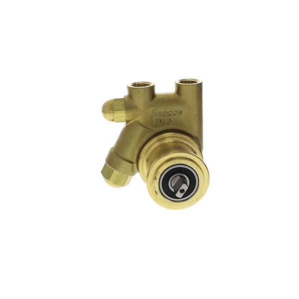 A close-up of a brass Multiplex carbonator valve with a single nut.
