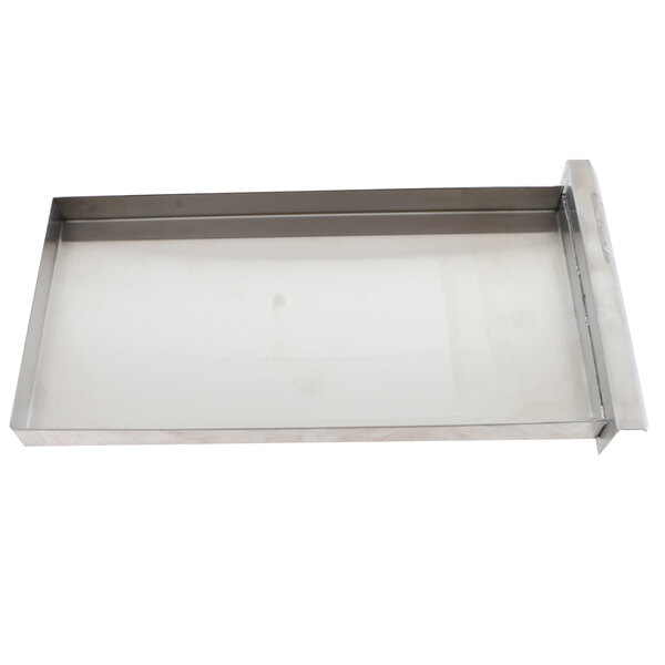 A stainless steel rectangular metal tray with a handle.