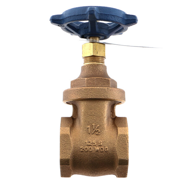 A brass Hobart gate valve with a blue handle.
