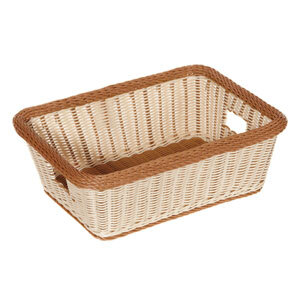 A two-tone rectangular plastic basket with handles.