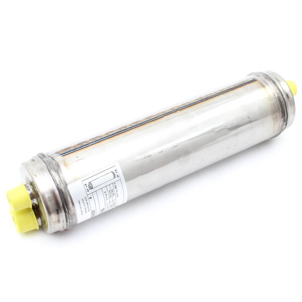 A close-up of a silver Blakeslee heat exchange cylinder with a yellow cap.