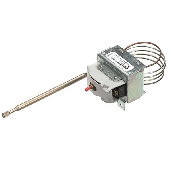 An Ultrafryer hi limit switch with a metal rod and wire attached.
