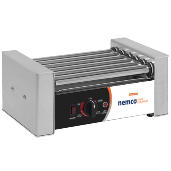 A Nemco hot dog roller grill with several metal rollers.