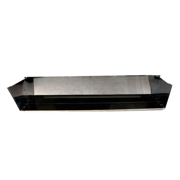 The back of a metal shelf with a black lid.