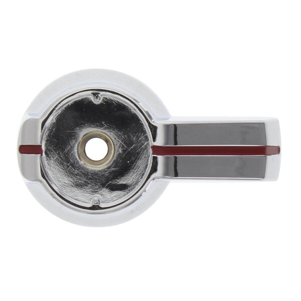 A close-up of a chrome and red metal Southbend knob handle.