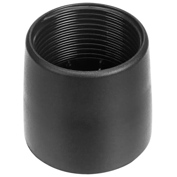 The upper part of a black plastic pipe fitting with a thread.