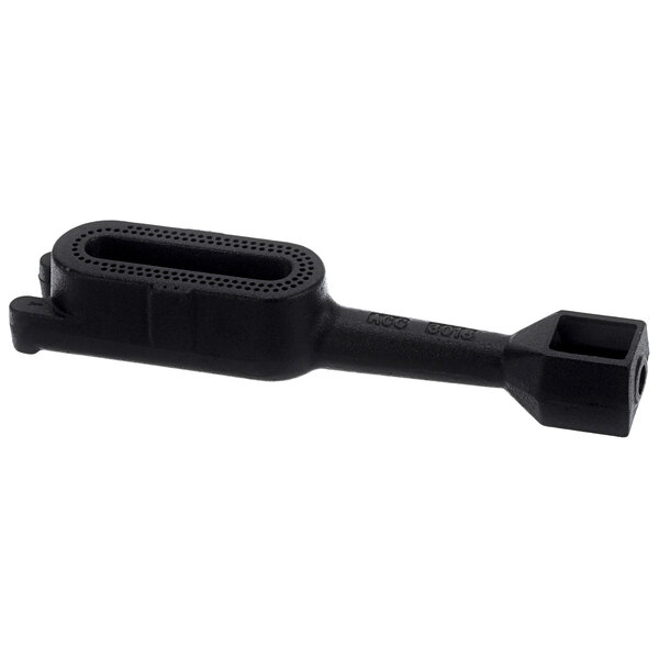 A black plastic connector with a square hole and a black handle.