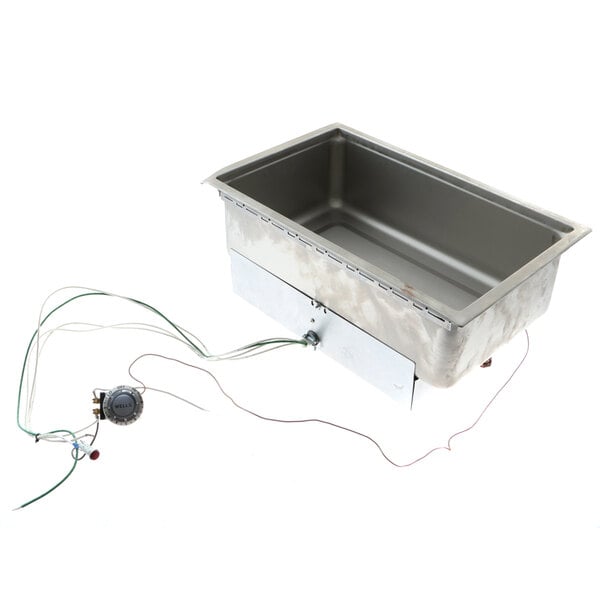 A rectangular stainless steel container with wires.