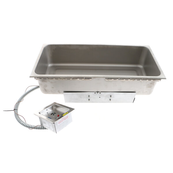 A Wells stainless steel drop-in hot food well with a wire attached to it.